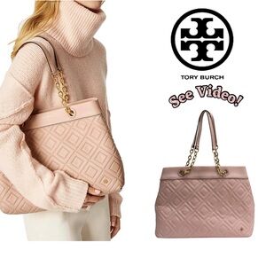 🎀 Tory Burch Fleming Quilted Chain Tote Shoulder Bag in Pink Calfskin Leather